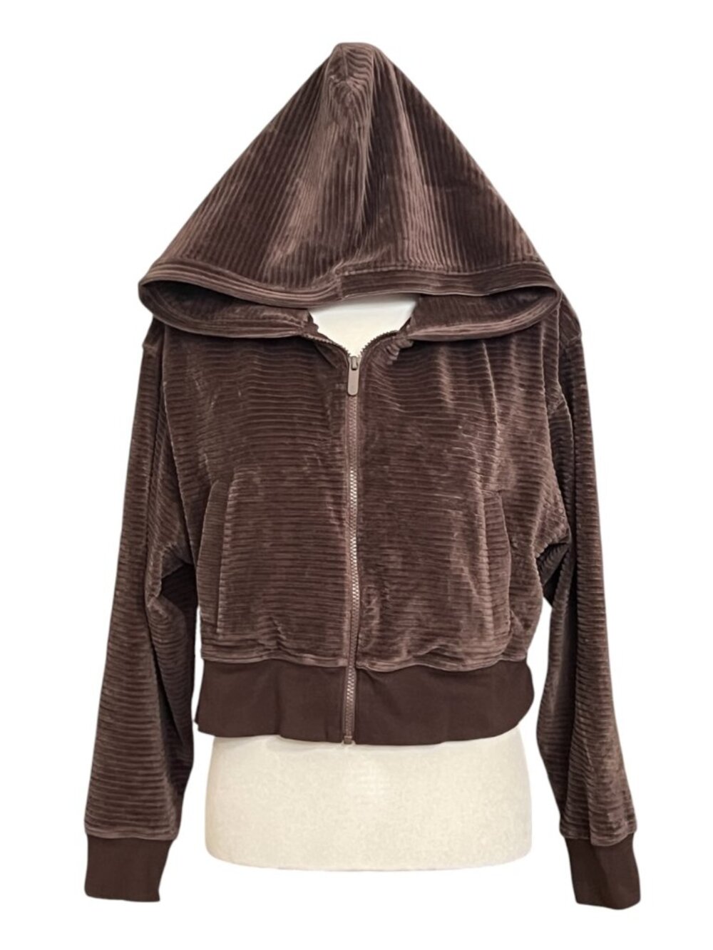 Nuuds Brown Corduroy Zip Up Hoodie Women M Cropped Velour Jacket Soft Lounge